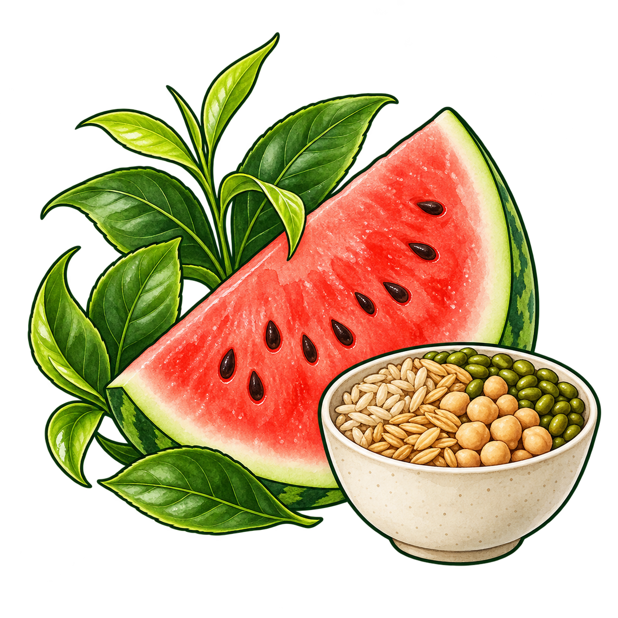 Illustrated tea leaves, watermelon, and a bowl of grains and legumes