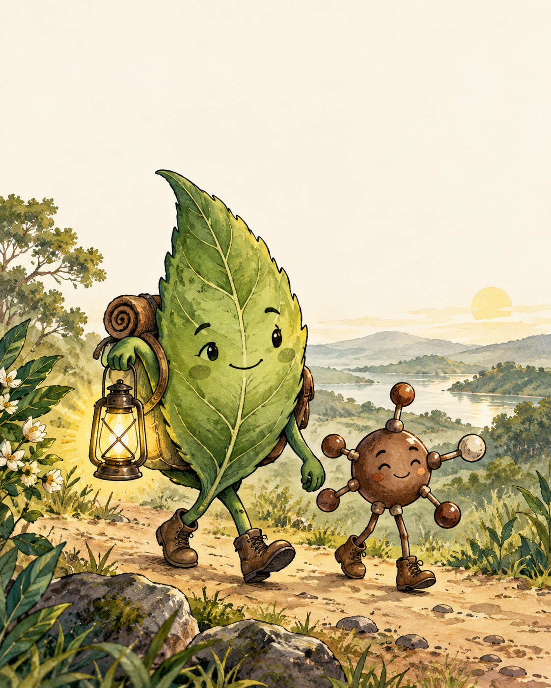 Illustrated leaf and molecule characters hiking together