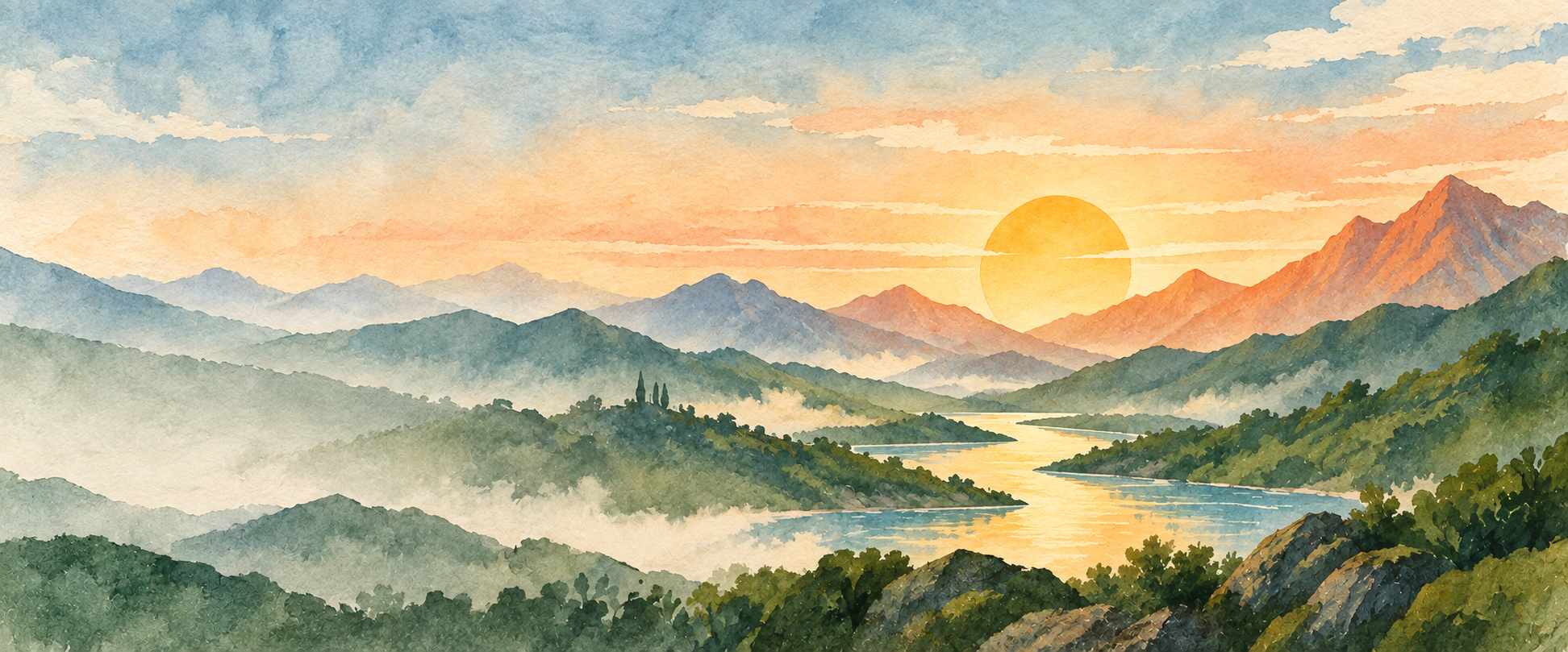 Watercolor mountain valley at sunrise